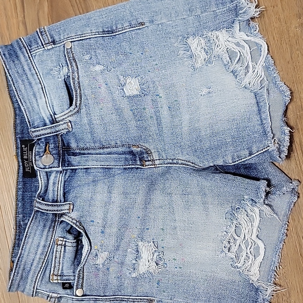 Judy Blue Denim Shorts High Waist Distressed Frayed Hem Paint Splatter S